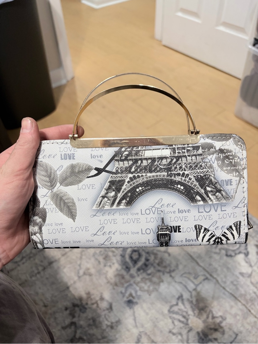 Paris Eiffel Tower LOVE Wallet Clutch Gold Metal Handles Black White
